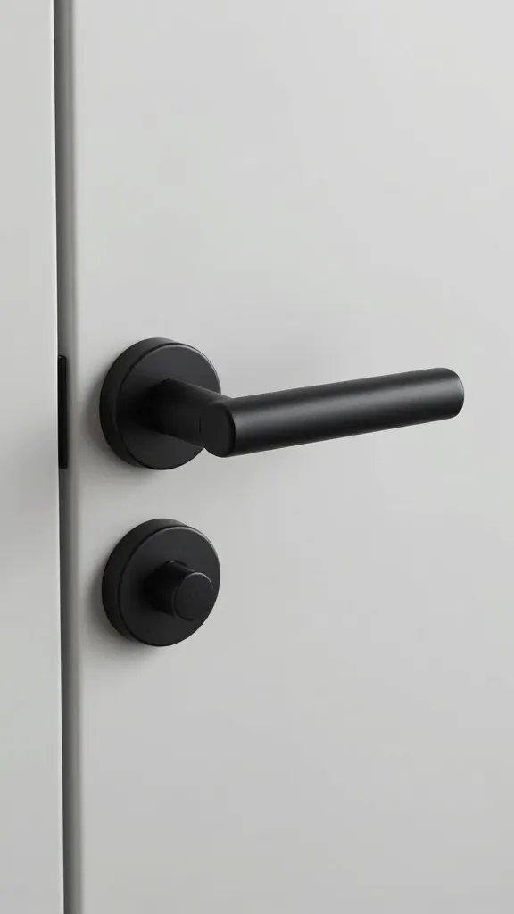 Closeup of a matte black door lever on a plain door