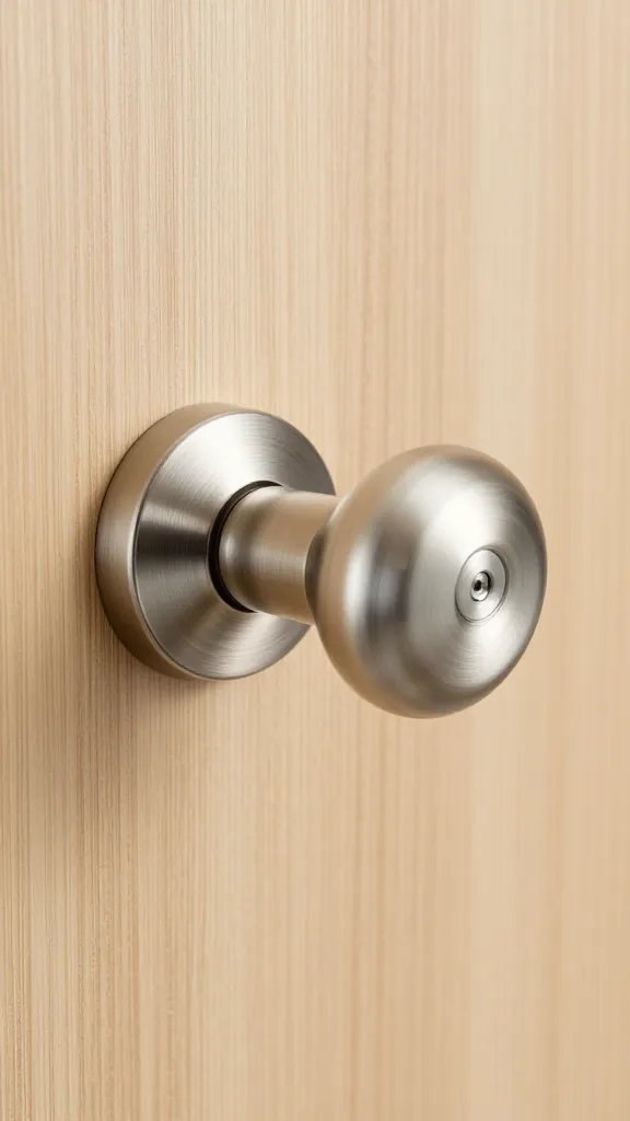 Closeup of satin nickel door knob on a light wood door
