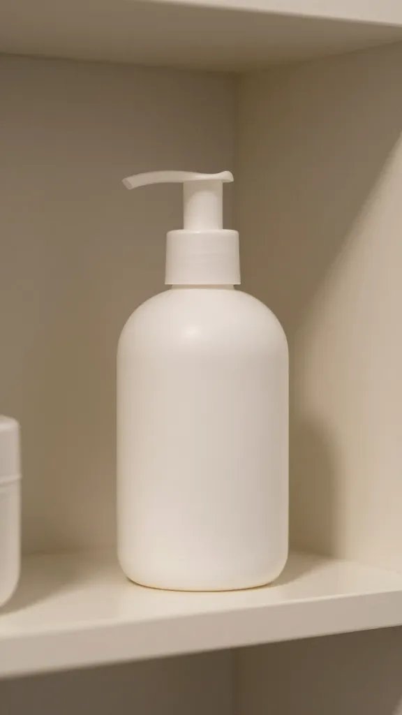 Closeup of a single travel-size lotion bottle in a small bathroom shelf