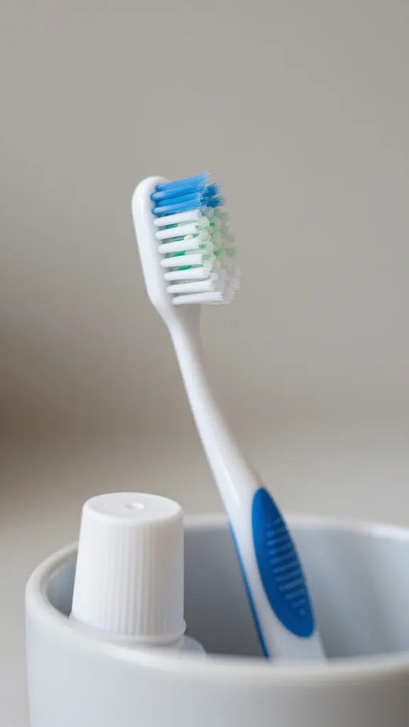 Focused shot of a single toothbrush with toothpaste cap in a tidy holder