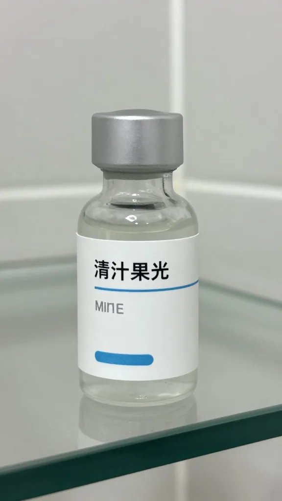 Closeup of one labeled skincare sample bottle with glass bathroom surface backdrop