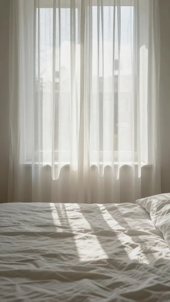 Close-up of a bed under a sunlit window with sheer curtains