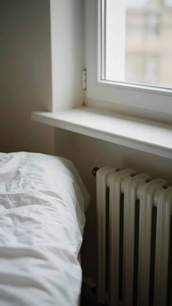 Close-up of a narrow bed under a window with radiator beneath