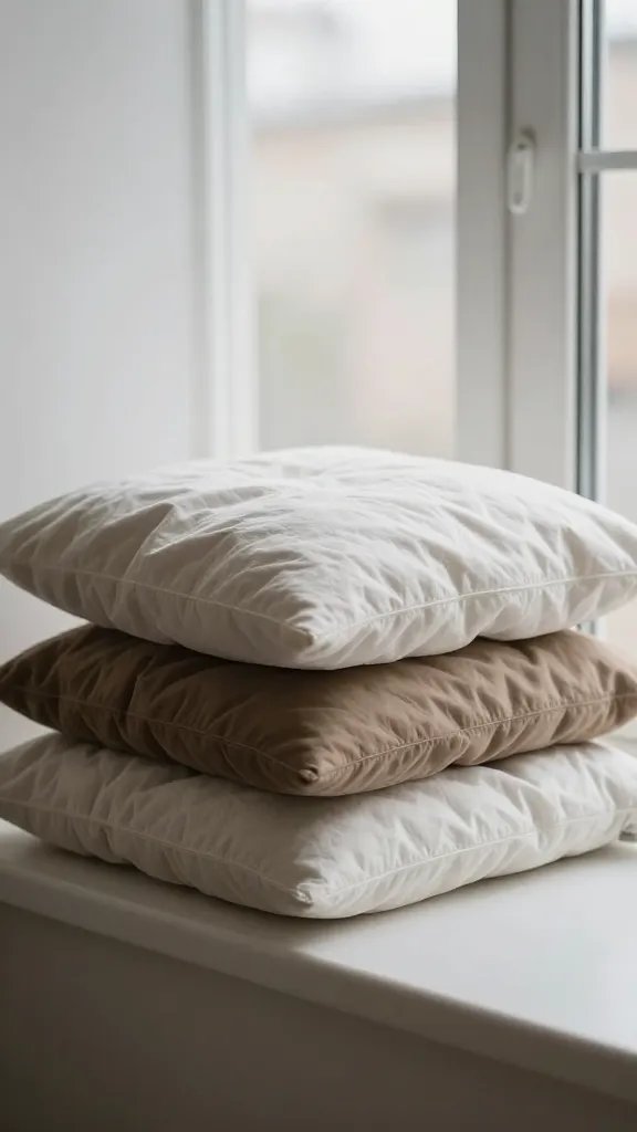 Focused shot of a window sill above a layered bed pillow arrangement