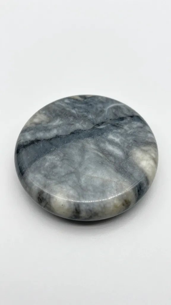 Closeup of a single marble-esque coaster on a glossy white surface