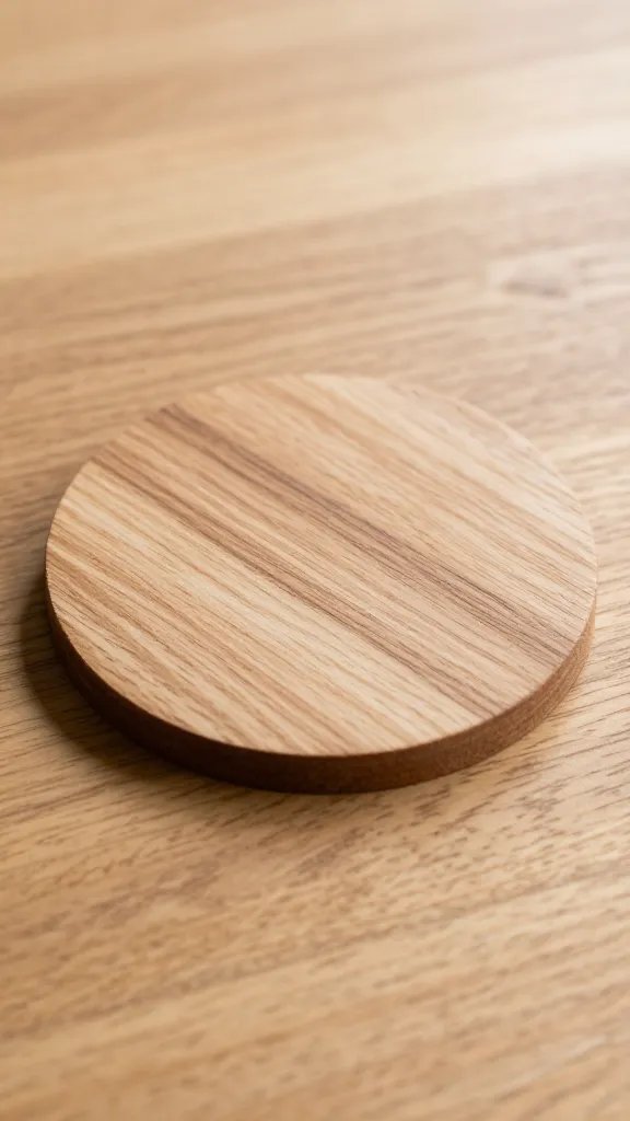 Closeup of a wood-toned coaster with natural grain on raw wood table