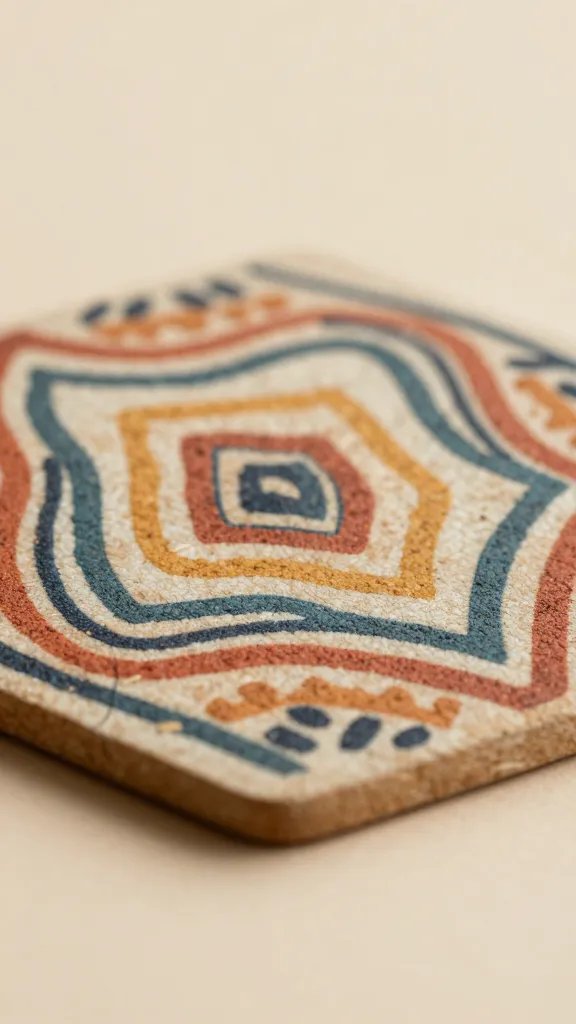 Closeup of a bold boho-patterned coaster against a soft; warm-tone background
