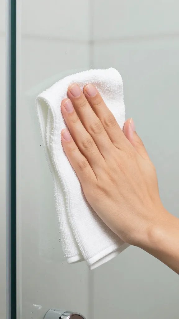 Closeup of a glass shower door being wiped with vinegar-soaked cloth
