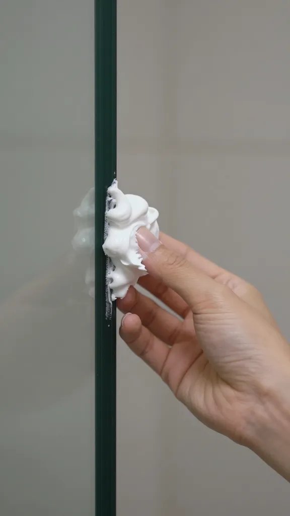 Focused shot of baking soda paste applied to glass door edge