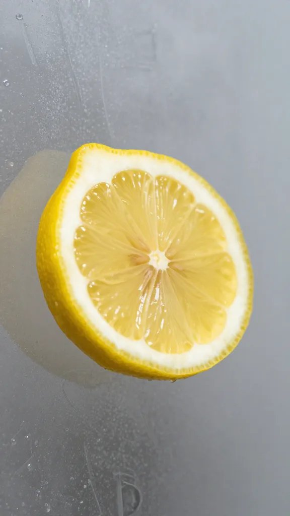 Closeup of lemon wedge beside crystal-clear shower glass surface