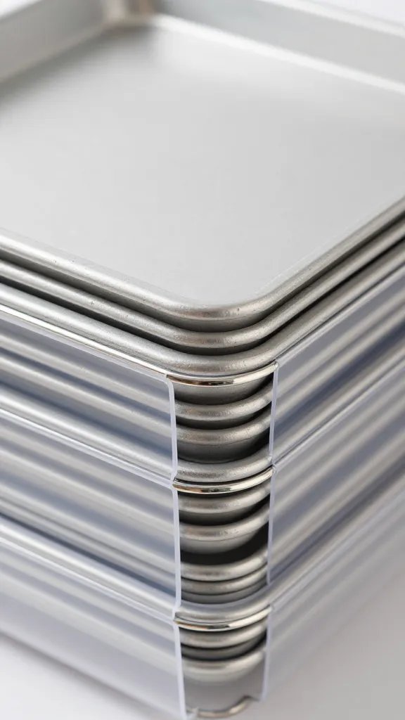 closeup of a neatly stacked baking sheet in a labeled organizer