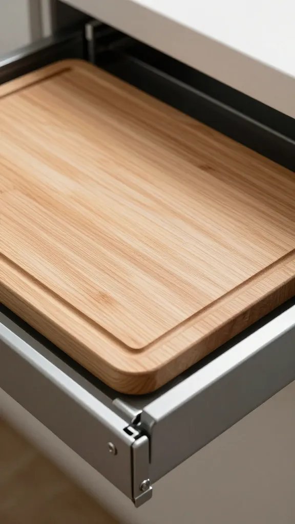 closeup of a cutting board resting in slim pull-out tray