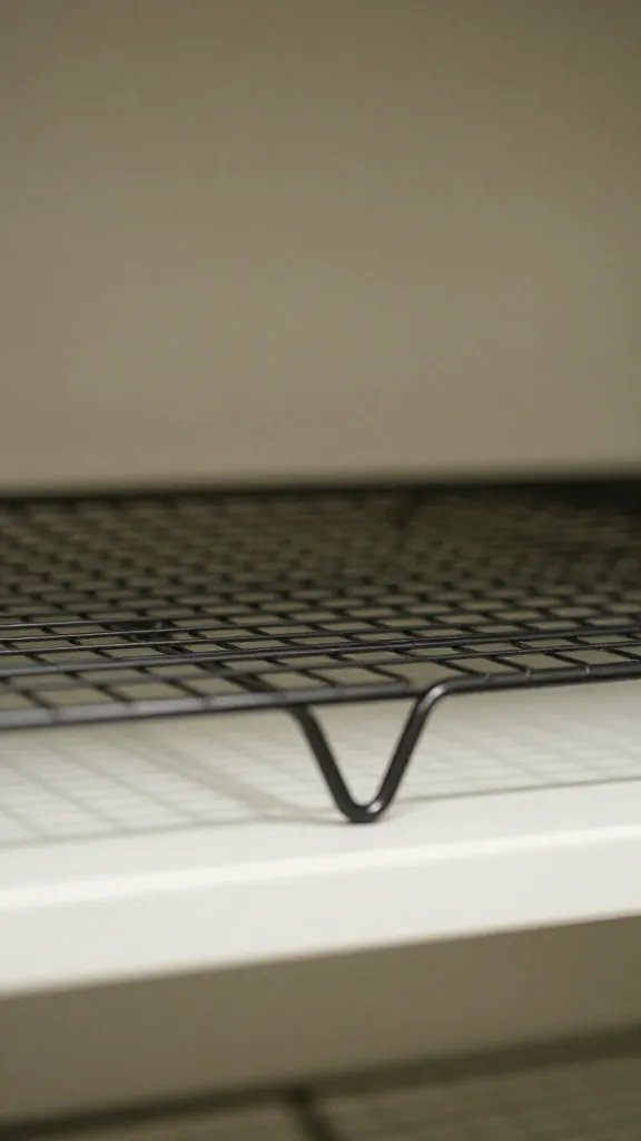 closeup of cooling rack positioned on open shelf with back wall blur