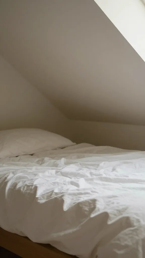Closeup of a low-profile bed tucked under a sloped ceiling