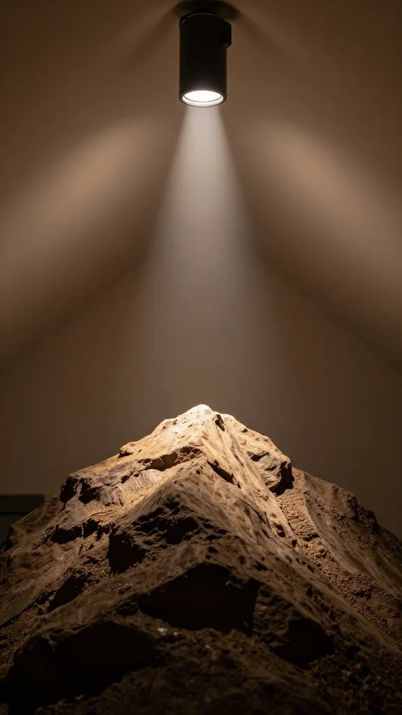 Closeup of a peak highlighted by warm spotlight in sloped-ceiling room