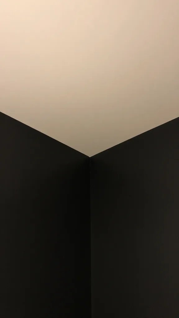 Closeup of light-colored ceiling above a dark-walled sloped nook