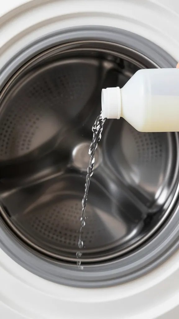 closeup of distilled white vinegar bottle pouring into washing machine drum