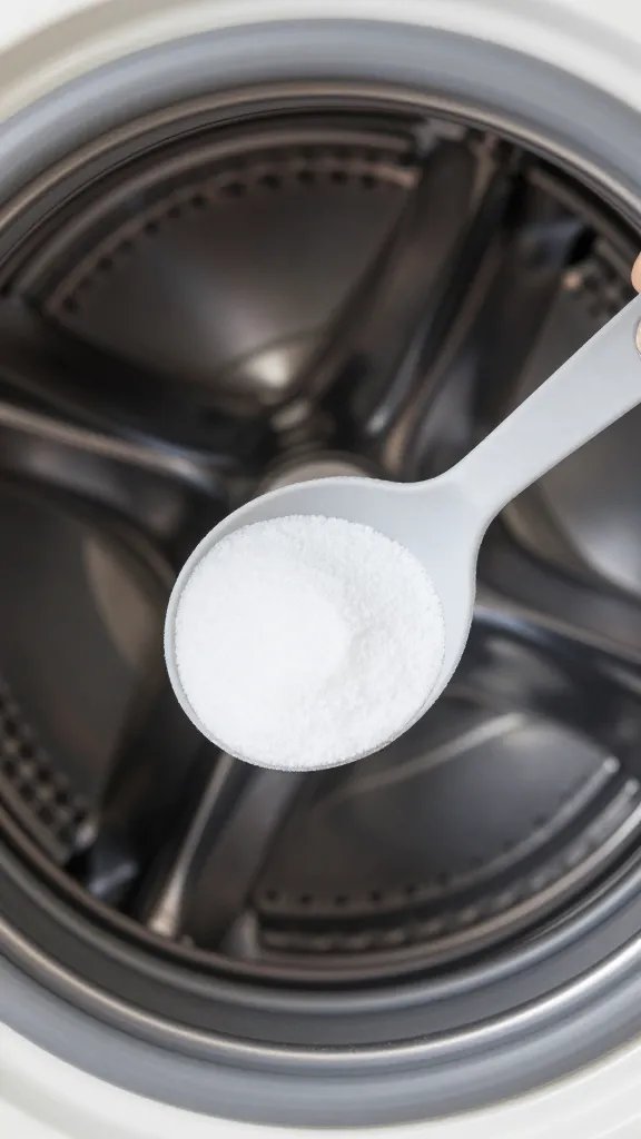 closeup of baking soda scoop resting on washing machine agitator shaft
