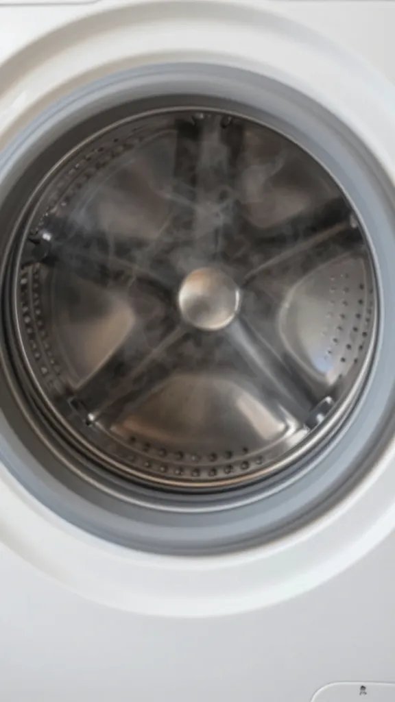 closeup of empty washing machine drum with steam highlight and soft lighting