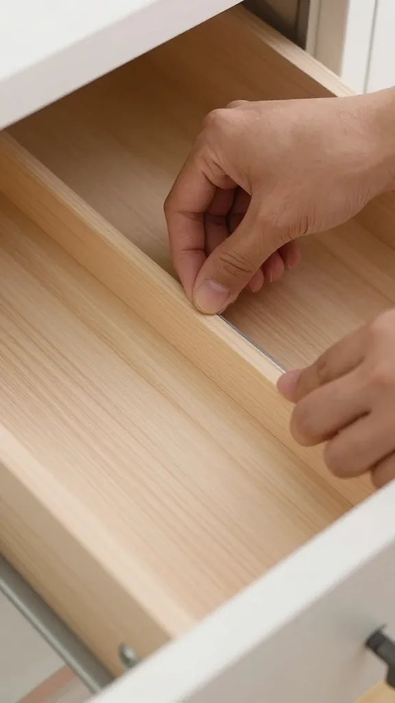 Closeup of a DIY drawer liner being cut to fit
