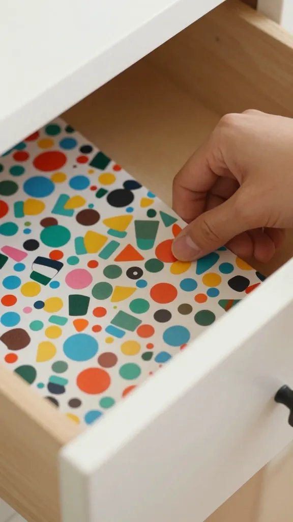 Closeup of colorful patterned liner being pressed into a drawer edge