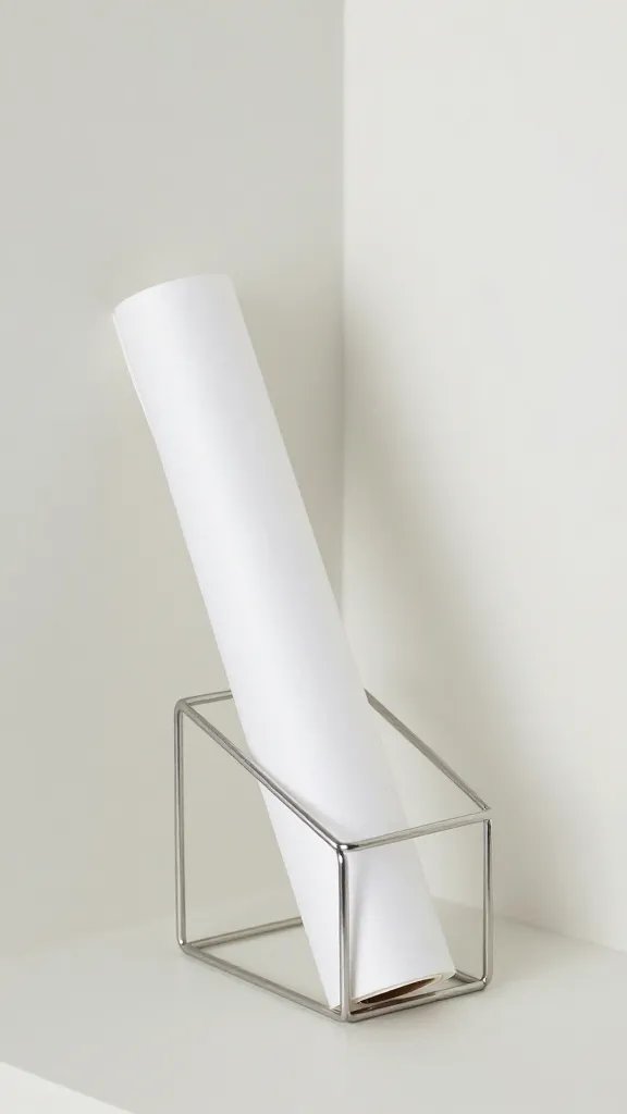 Closeup of a single slim gift-wrap rack with rolls in a small space