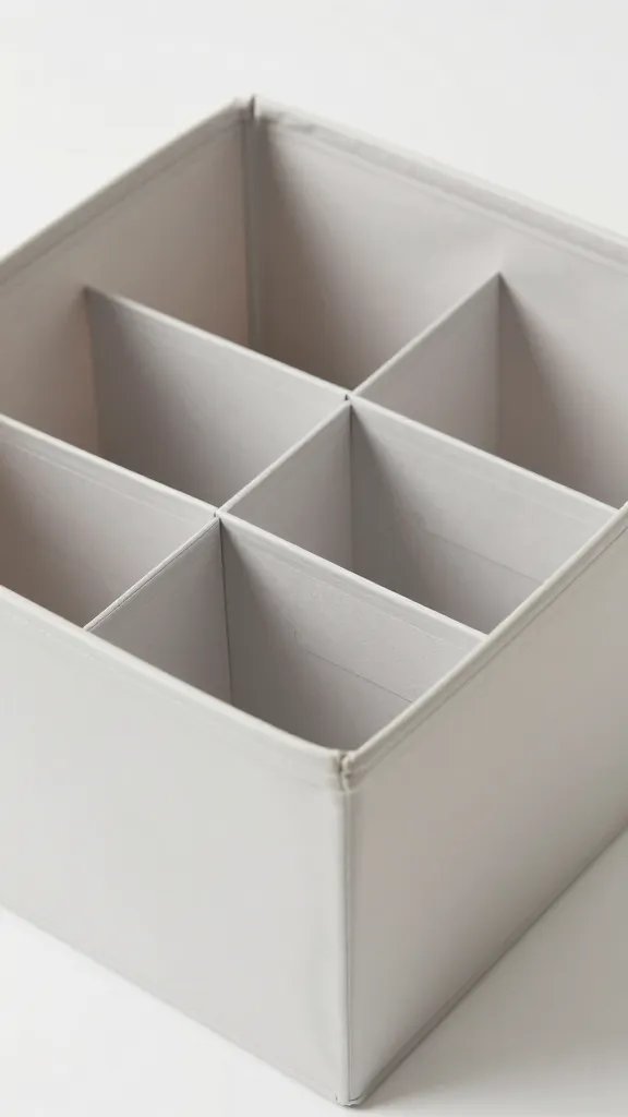 Focused shot of a compact gift-wrap storage bin with labeled compartments