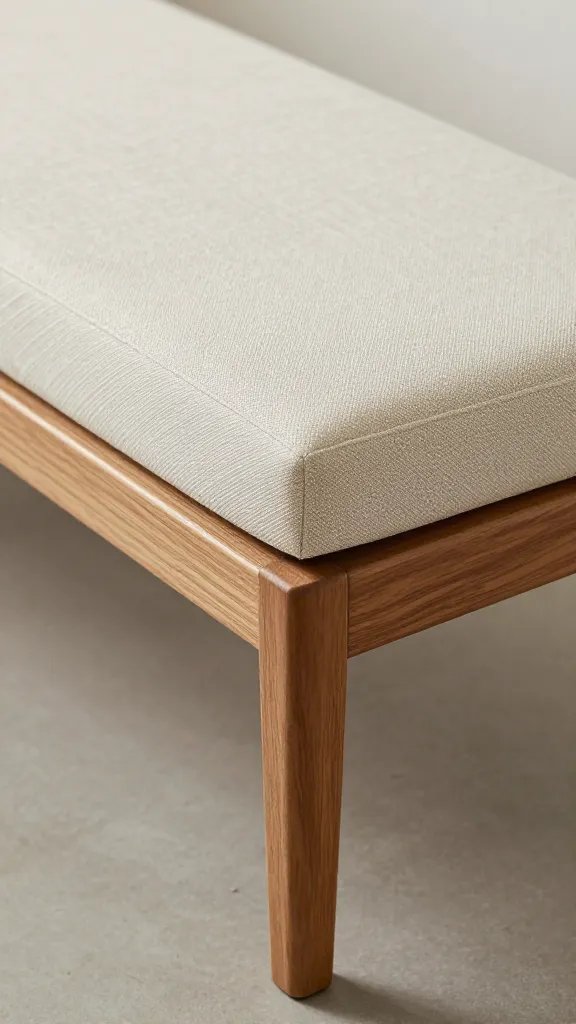 closeup of a slim wooden bench at bed foot with textured cushion