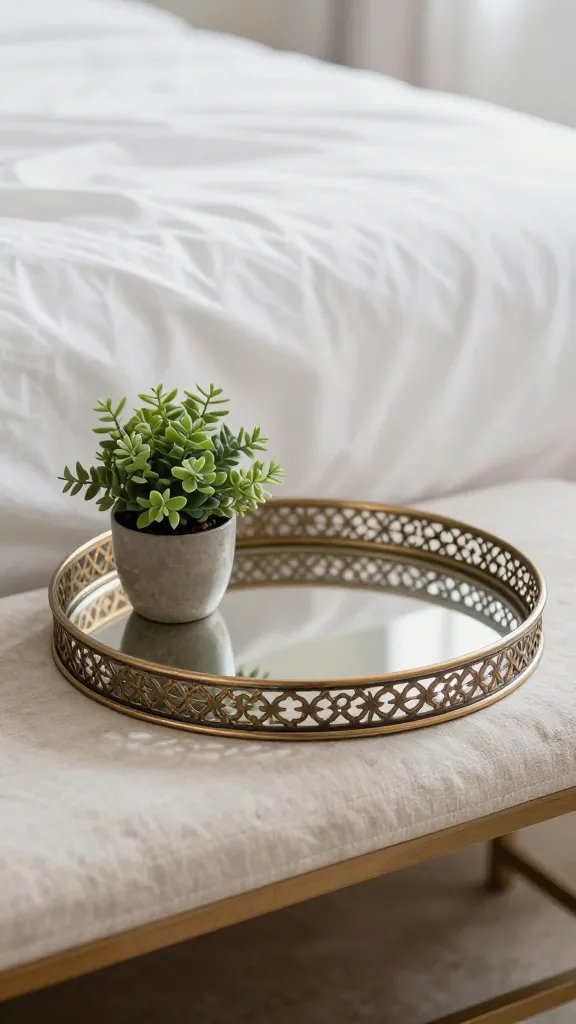 closeup of decorative tray and small plant atop bench at bed foot