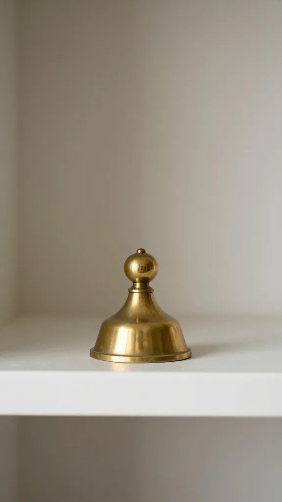 closeup of a single brass decorative object on a minimal shelf