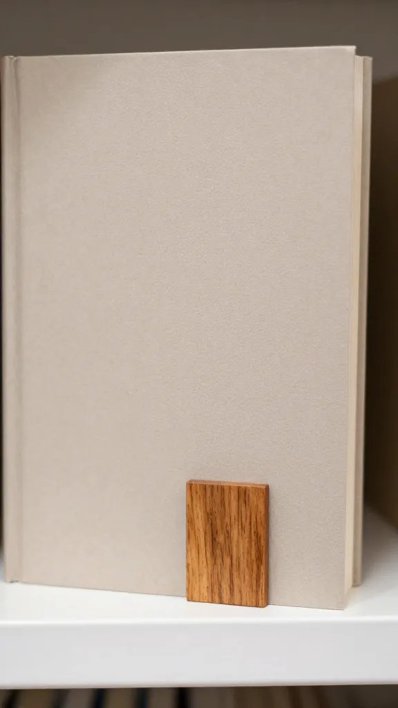 closeup of a single neutral-toned book with a warm wood bookmark on a shelf