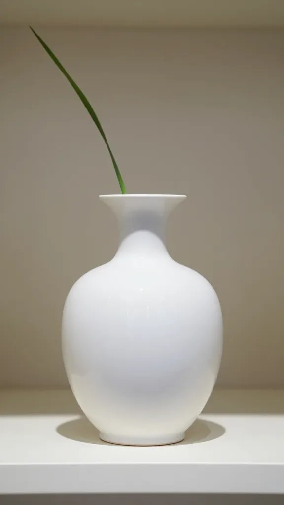 closeup of a single white ceramic vase with a single green stem on a shelf
