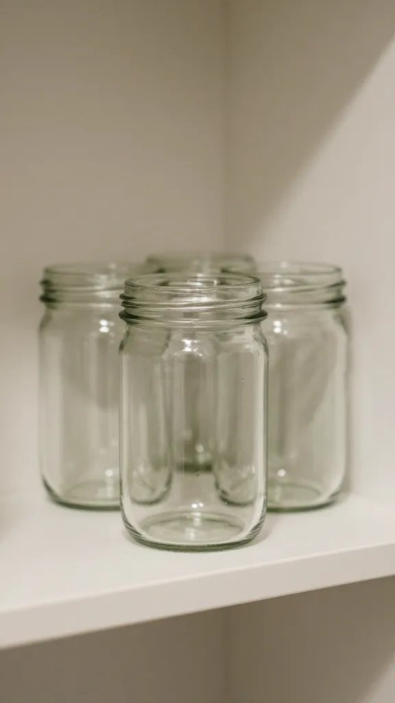 Closeup of a single glass jar trio on a small bathroom shelf