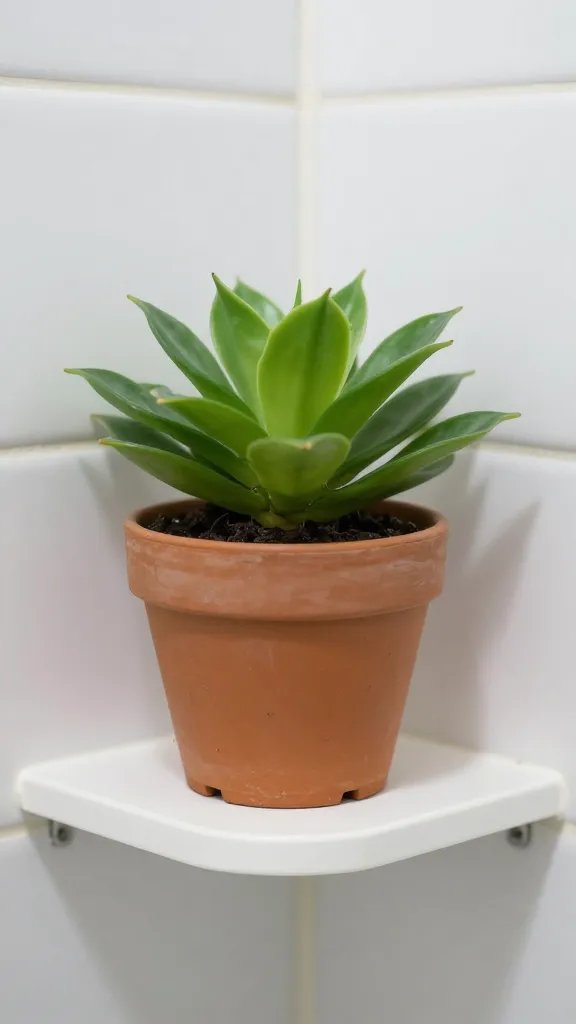 Closeup of a compact potted plant on a tiny bathroom shelf