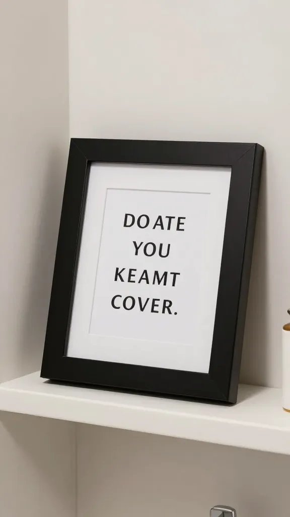Closeup of a framed quote resting on a small bathroom shelf