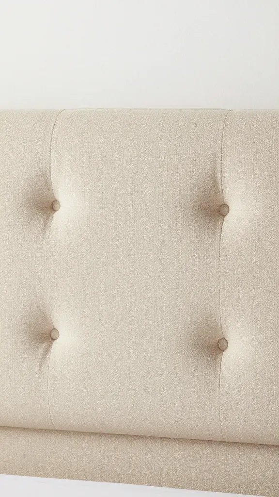 Closeup of low-profile upholstered bed headboard with soft beige fabric