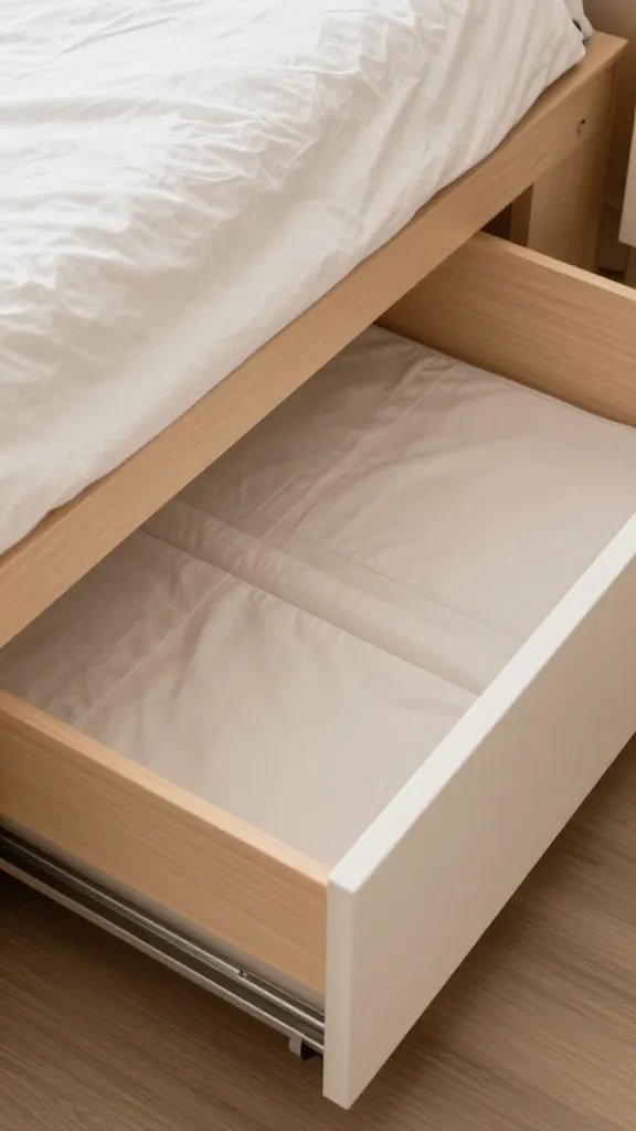 Closeup of built-in storage drawer under bed with neat lining