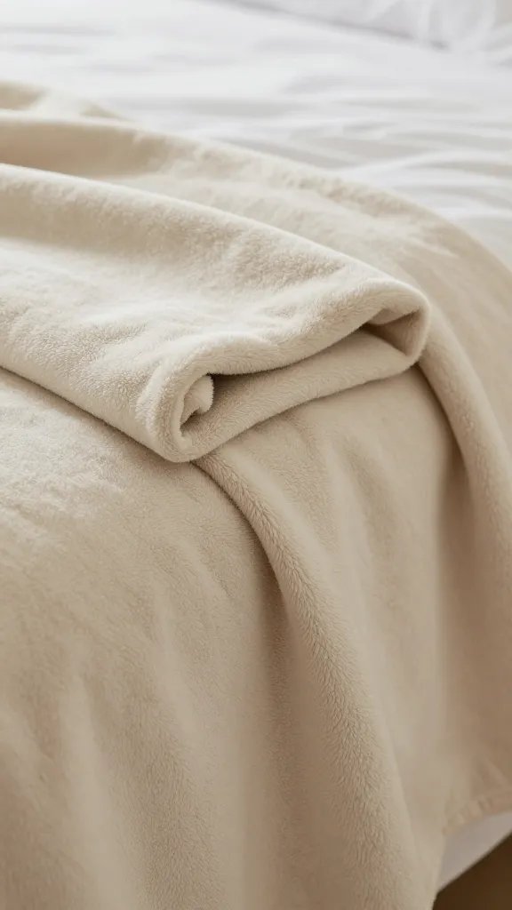 Closeup of warm neutral throw blanket folded at bed edge, soft texture
