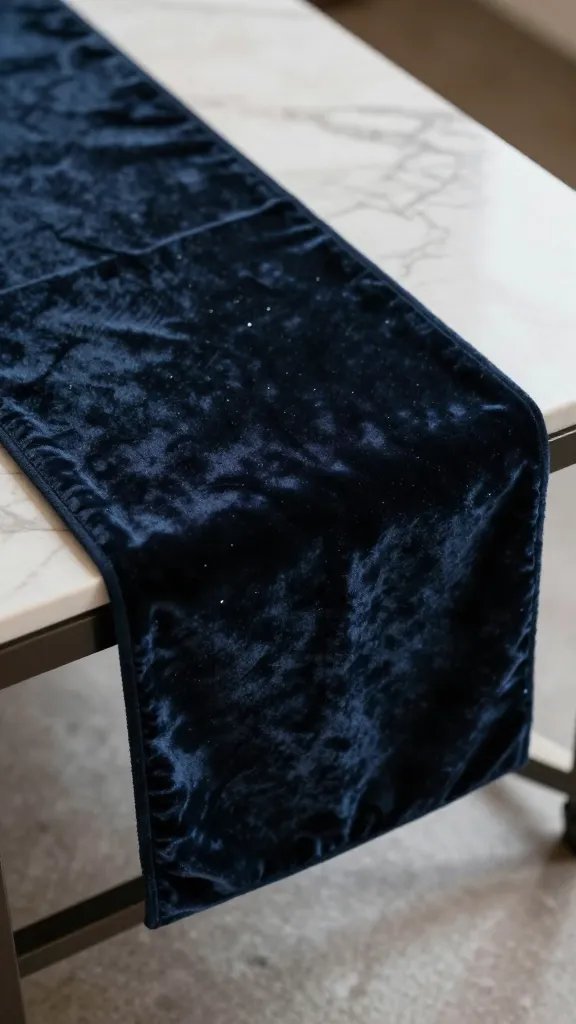 closeup of a velvet runner draped over a coffee table edge