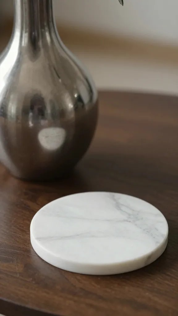 closeup of a metallic sculptural object beside a marble-inspired coaster on a coffee table
