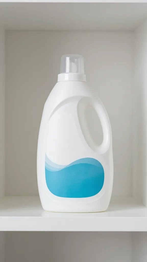 Closeup of a labeled detergent bottle on a minimalist shelf