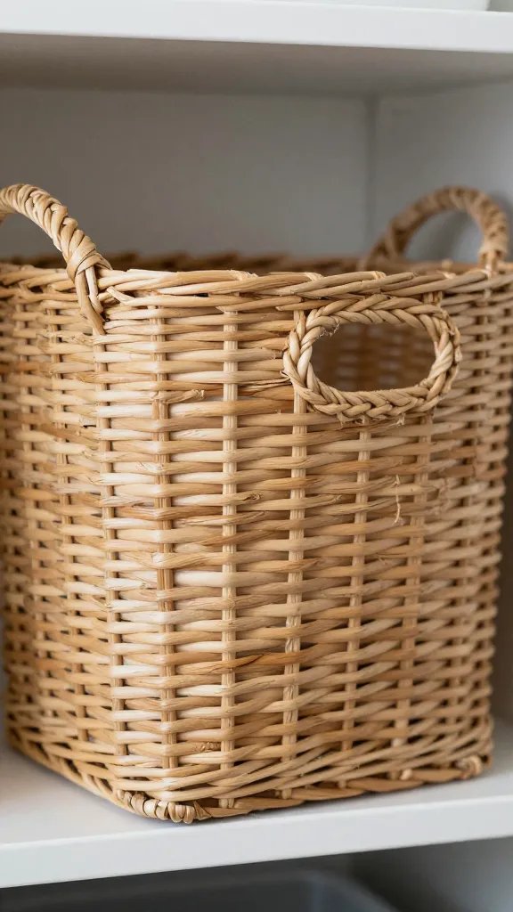 Focused shot of a woven storage basket on a laundry shelf