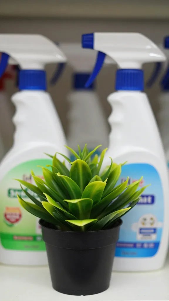 Closeup of a small decorative plant beside cleaning spray bottles on shelf
