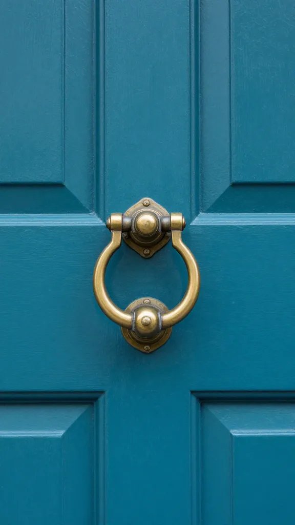 Closeup of a bold front door in teal with brass knocker