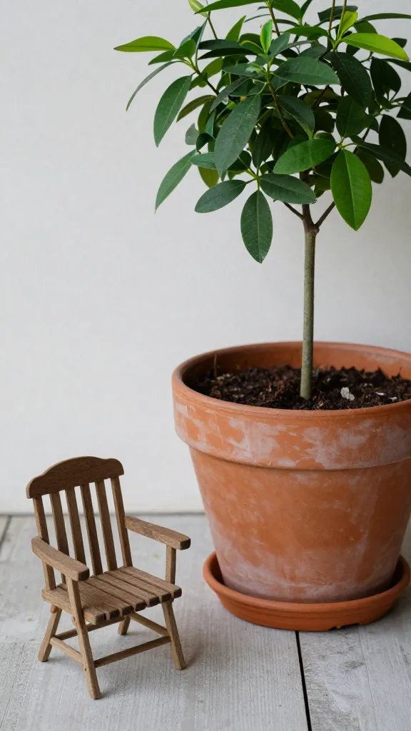 Closeup of a slim potted plant beside a tiny porch chair on porch floor