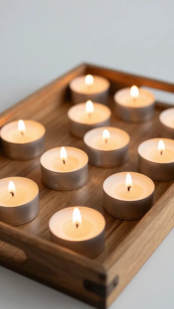 Closeup of a wooden tray centerpiece with drifting candles