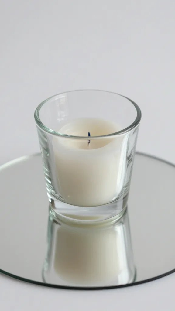 Closeup of a single glass candle holder atop a mirrored plate
