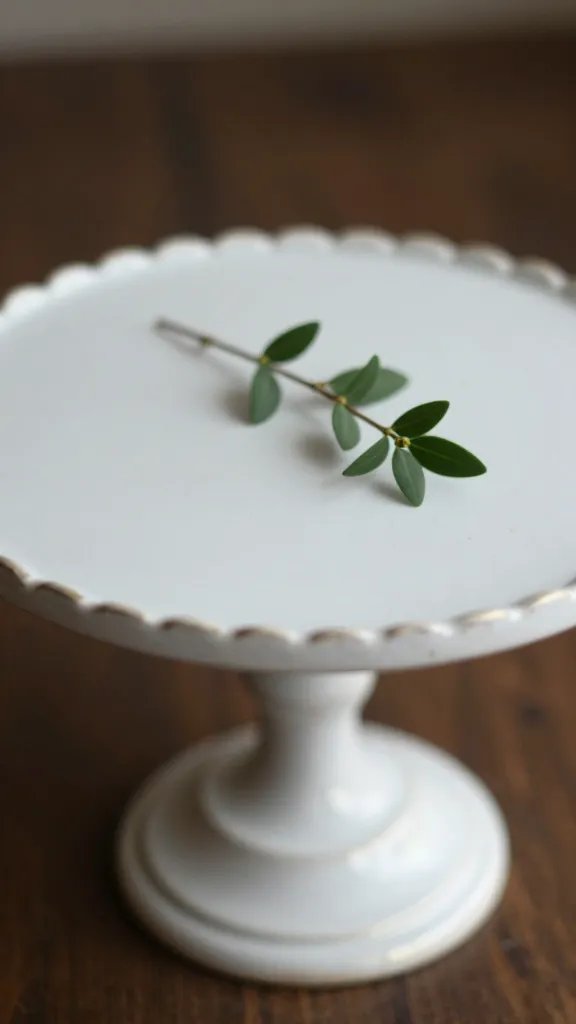 Closeup of a vintage cake stand with a small sprig of greenery