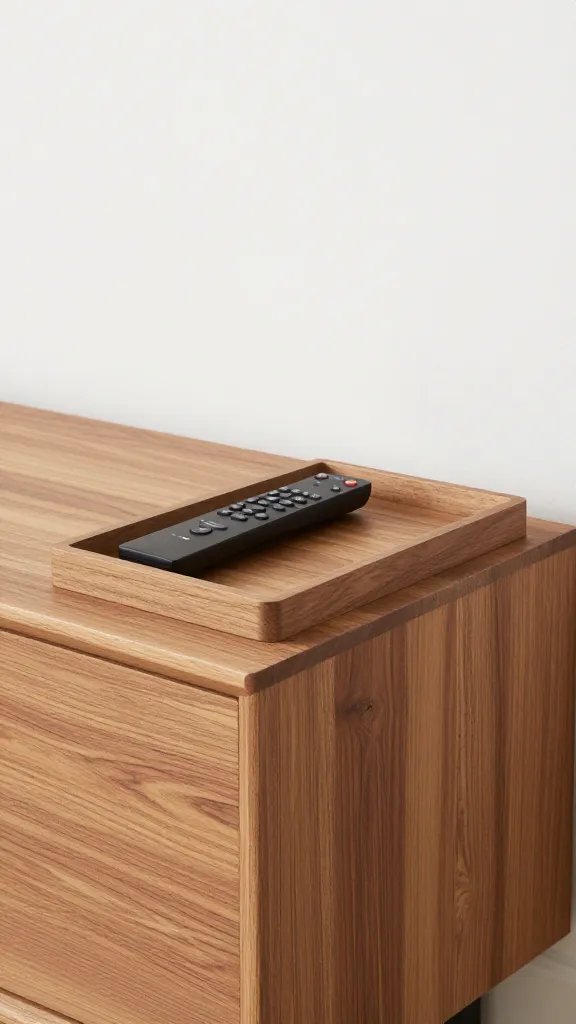 closeup of a minimalist TV stand corner with a single remote tray on wood grain