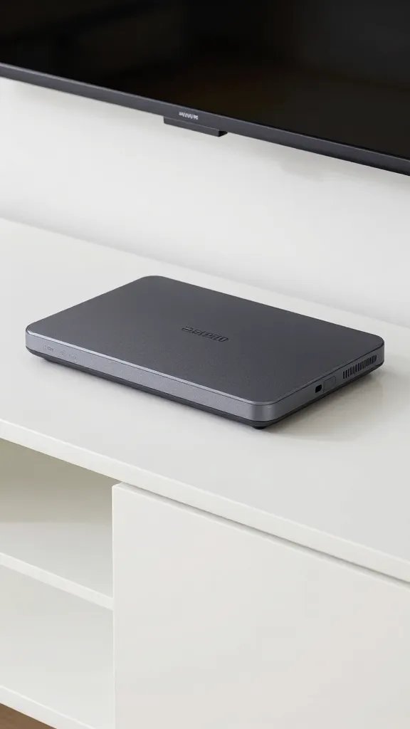 closeup of a clean white TV stand surface with one slim streaming device and subtle texture